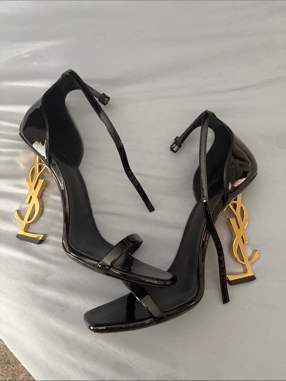 Saint Laurent Black Patent Heels with Gold YSL Logo Heel